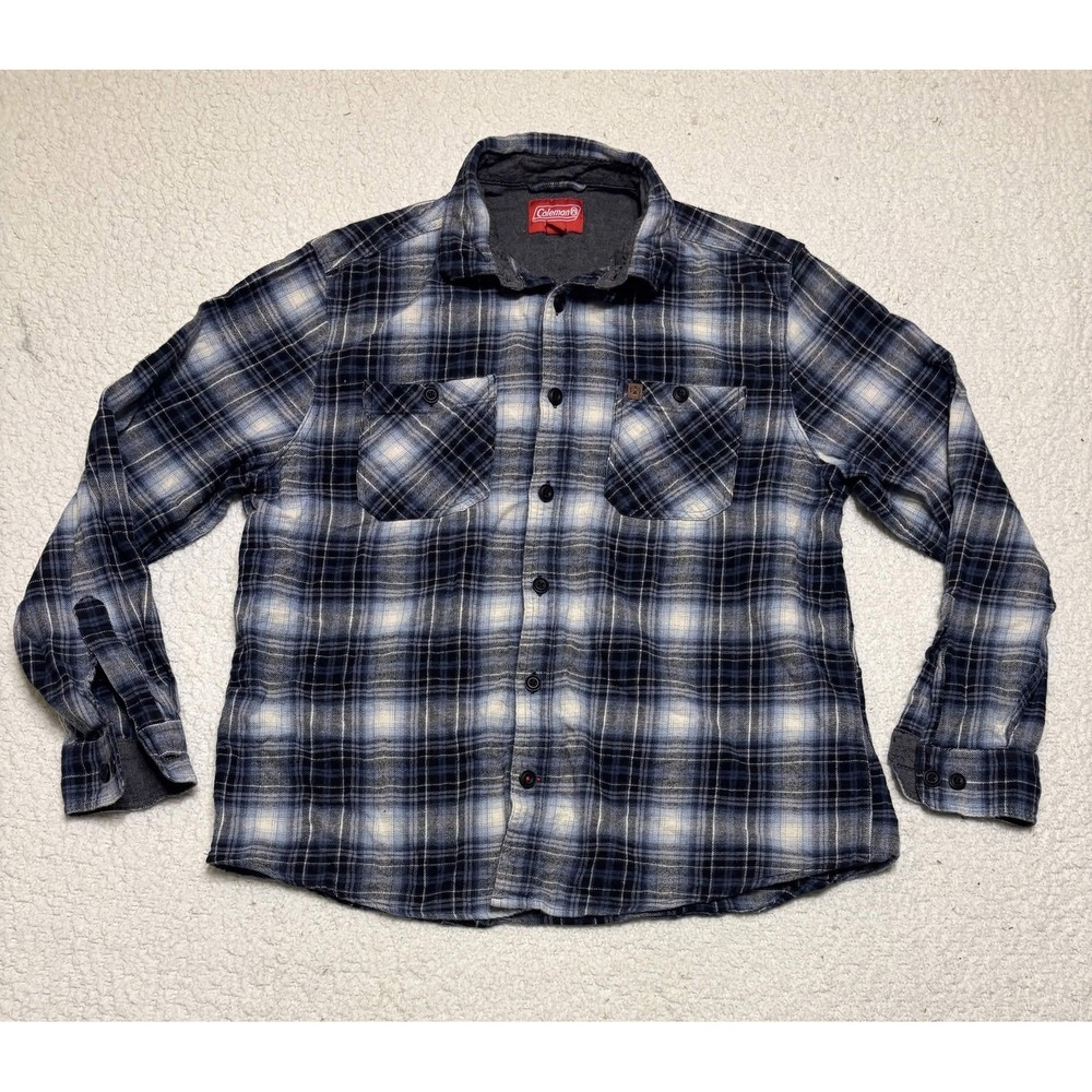 Coleman Mens Blue White Black Plaid Flannel Button Up Shirt XL 100% Cotton